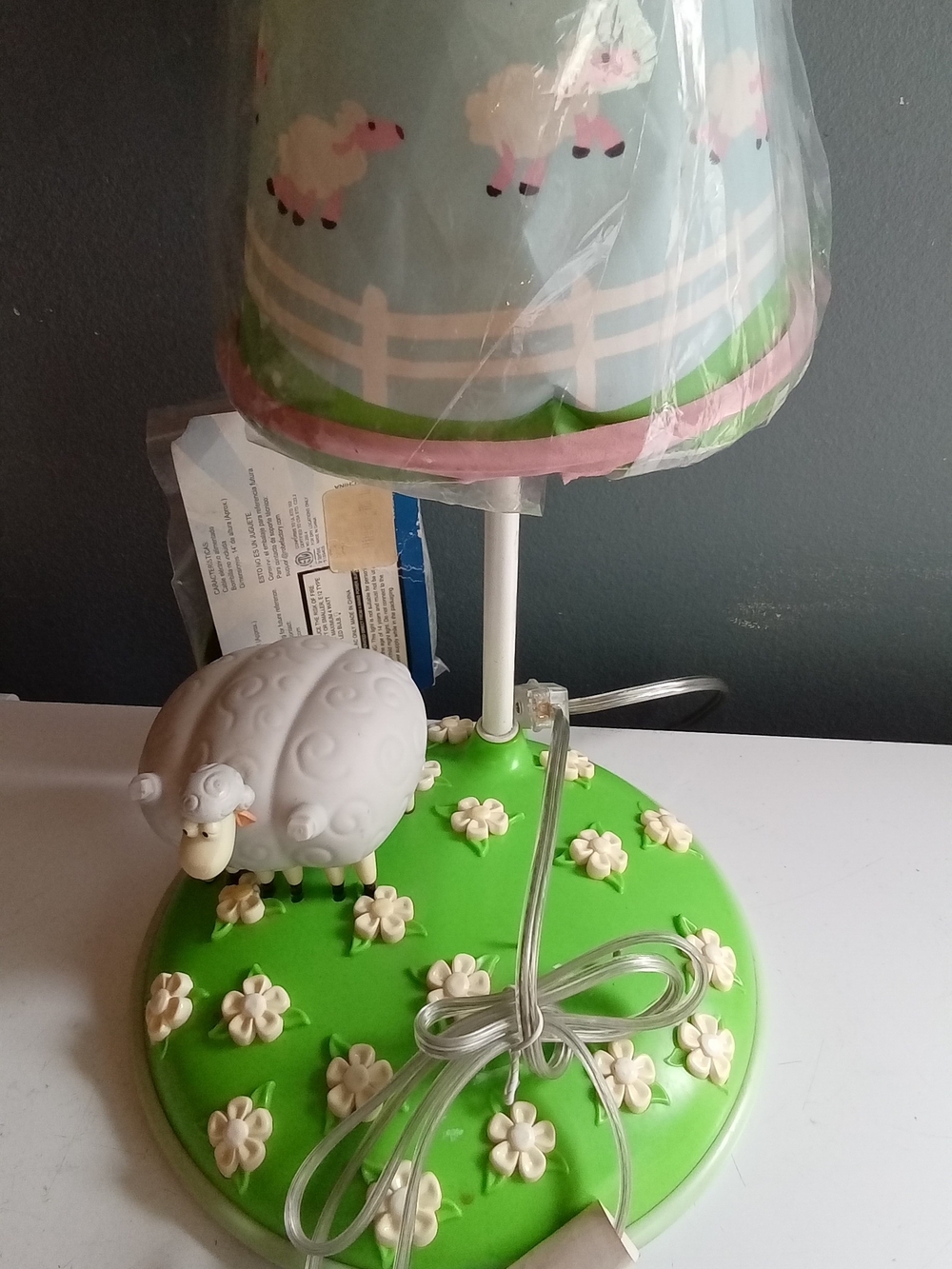 Green Sheep-Themed Kids Table Lamp with Floral Base